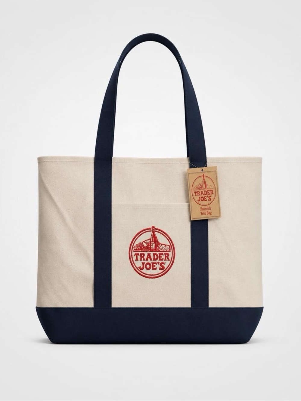 New Trader Joe's Foldable Reusable Full Size Shopping Bag Tote Canvas White/Navy